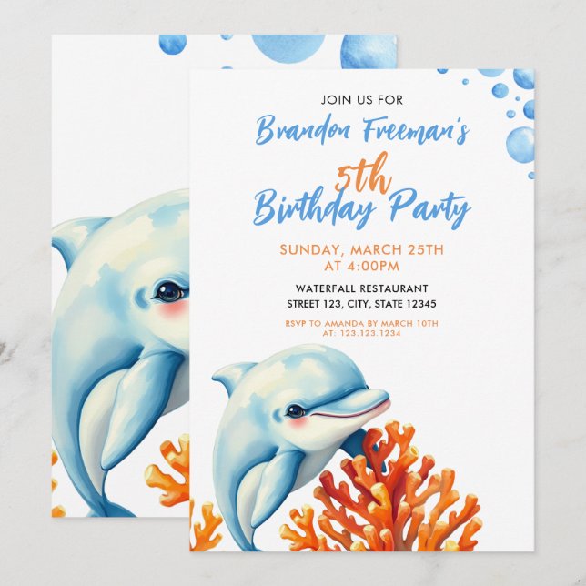 Invitación Cute Blue & Naranja Dolphin Kids Cumpleaños (Anverso / Reverso)