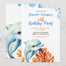 Invitación Cute Blue & Naranja Dolphin Kids Cumpleaños