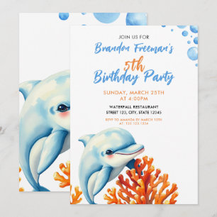 Invitación Cute Blue & Naranja Dolphin Kids Cumpleaños