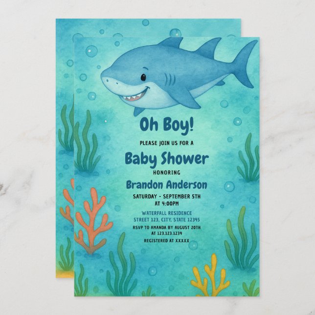 Invitación Cute Blue Ocean Shark Boy Baby Shower (Anverso / Reverso)