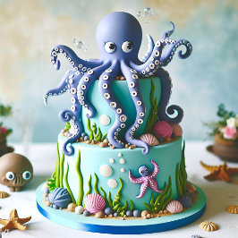 INVITACIÓN CUTE BLUE OCTOPUS TEMÁTICO CUMPLEAÑOS CAKE