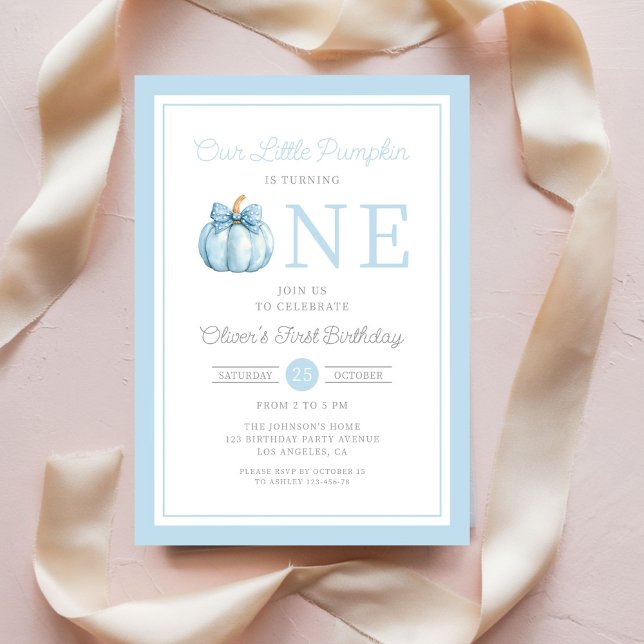 Invitación Cute Blue Our Little Pumpkin Boy 1er cumpleaños (Cute Blue Our Little Pumpkin Boy 1st Birthday Invitation)