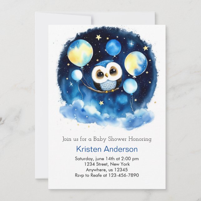 Invitación Cute Blue Owl Balloons Boy Baby Shower (Anverso)