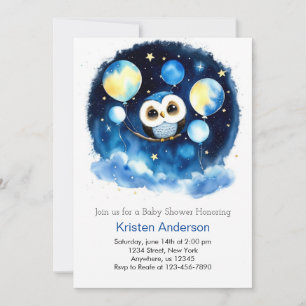 Invitación Cute Blue Owl Balloons Boy Baby Shower