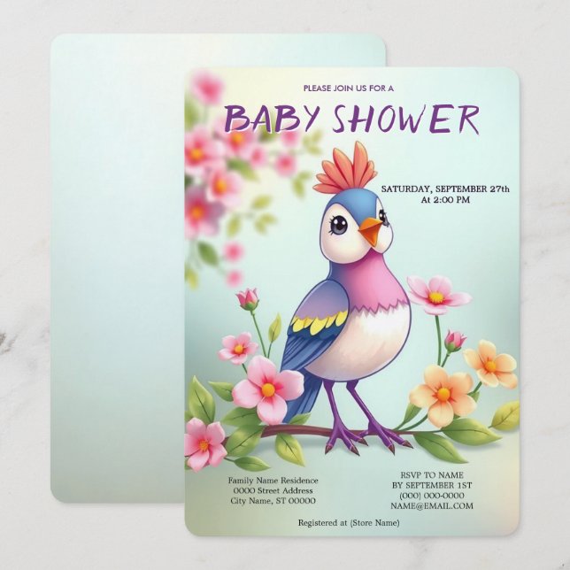 Invitación Cute Blue Pink Bird Floral Baby Shower Invitation (Anverso / Reverso)