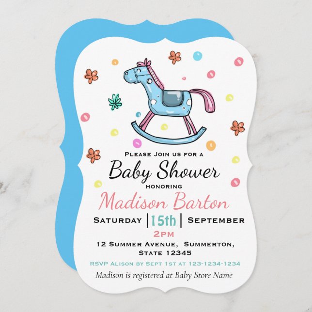 Invitación Cute Blue & Pink Rocky Horse Baby Shower (Anverso / Reverso)