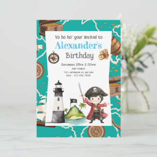 Invitación Cute Blue Pirate child's Birthday Invitation