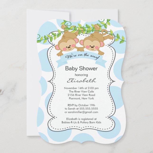 Invitación Cute Blue Polka Dots Monkey Boys Baby Shower (Anverso)