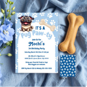Invitación Cute Blue Pug Doggie Birthday Paw-ty