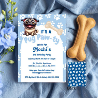 Invitación Cute Blue Pug Doggie Birthday Paw-ty