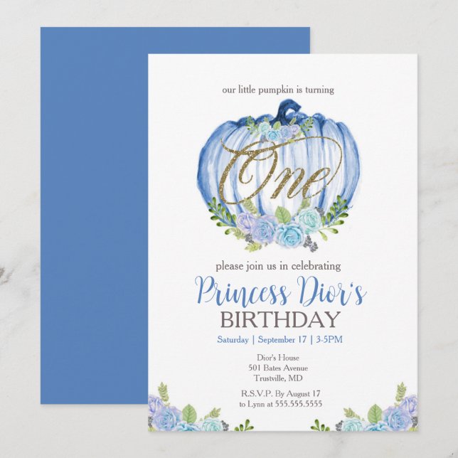 Invitación Cute Blue Pumpkin Flor acuarela Primer cumpleaños (Anverso / Reverso)