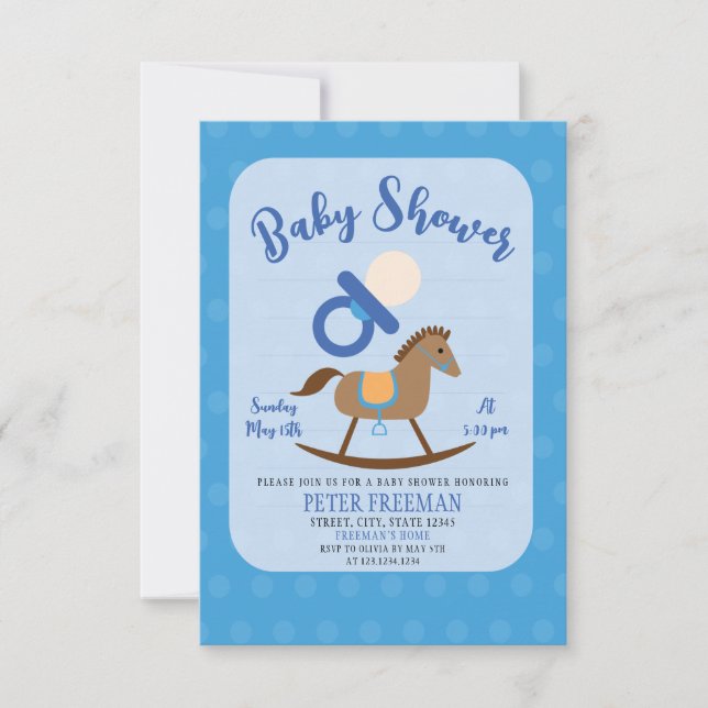 Invitación Cute Blue Rocke Horse Pacifier Boy Baby Shower (Anverso)