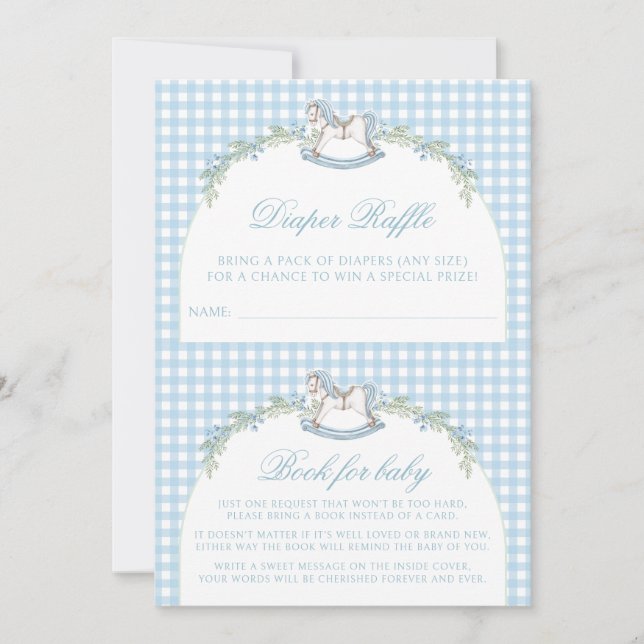 Invitación Cute Blue Rocse Horse Gingham Baby Boy Shower (Anverso)