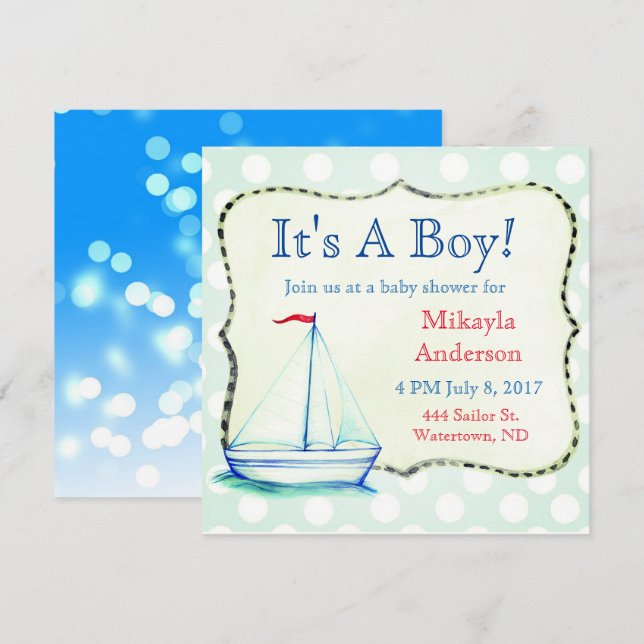 Invitación Cute Blue Sailboat Nautical Baby Shower (Anverso / Reverso)