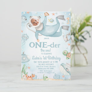 Invitación Cute Blue Scuba Diver Oneder the Sea 1er cumpleaño