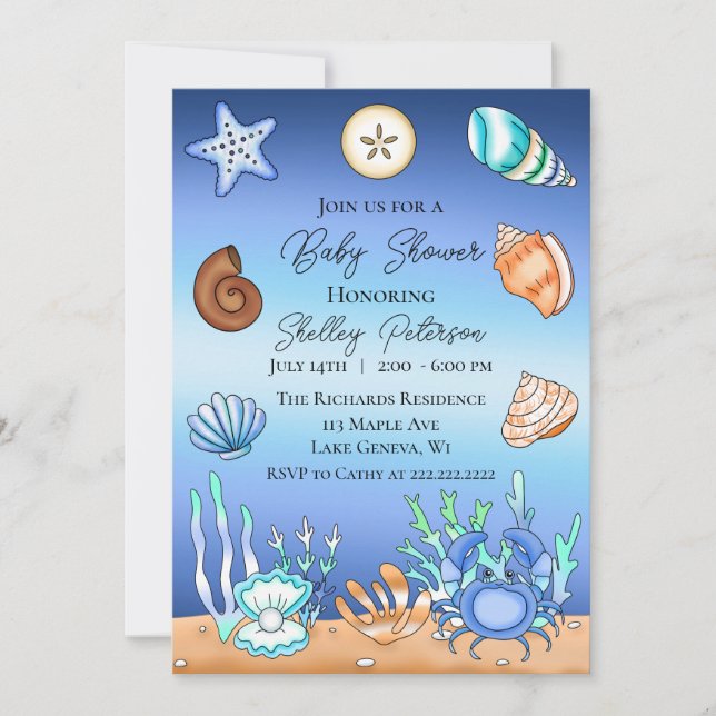 Invitación Cute Blue Seaside Beach Baby Shower (Anverso)