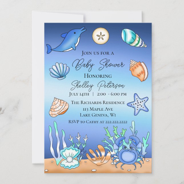 Invitación Cute Blue Seaside Beach Baby Shower (Anverso)
