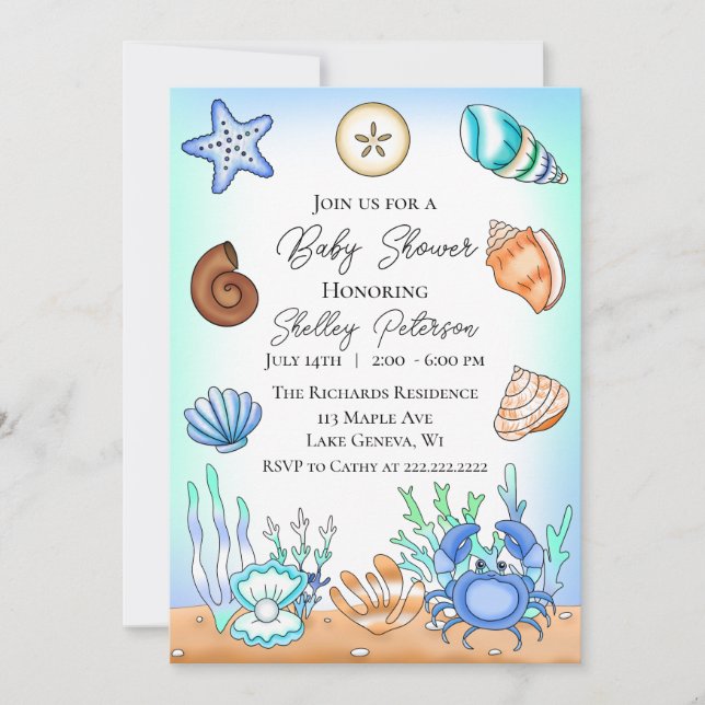 Invitación Cute Blue Seaside Beach Baby Shower (Anverso)
