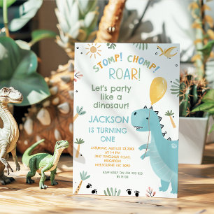 Invitación Cute Blue Stomp Chomp Fiesta Dinosaur 1º cumpleaño