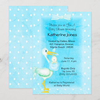 Invitación Cute Blue Stork Baby Boy Shower