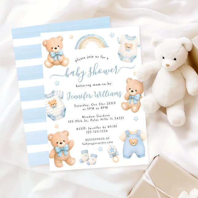 Invitación Cute Blue Teddy Bear Boho Baby Boy Shower (Subido por el creador)