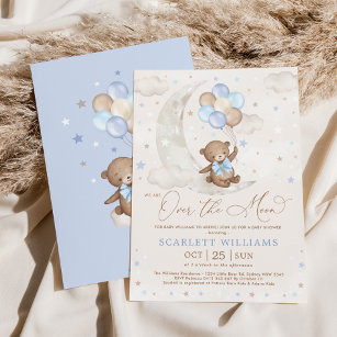 Invitación Cute Blue Teddy Bear Moon Balloons Boy Baby Shower