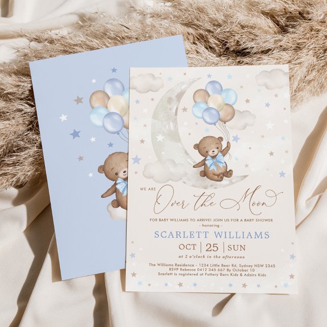 Invitación Cute Blue Teddy Bear Moon Balloons Boy Baby Shower (Subido por el creador)