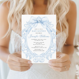 Invitación Cute Blue Toile Frame Bow Baby Boy Shower