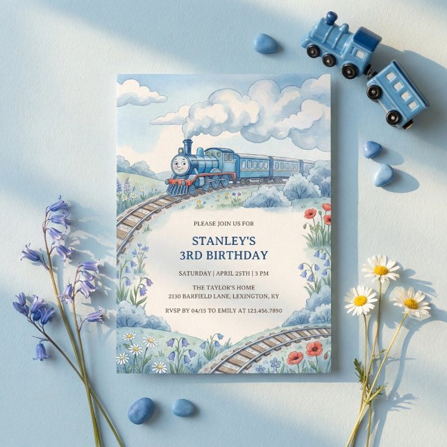 Invitación Cute Blue Train Watercolor Boys Birthday Party (Blue Train Birthday Party Invitation for Boys)