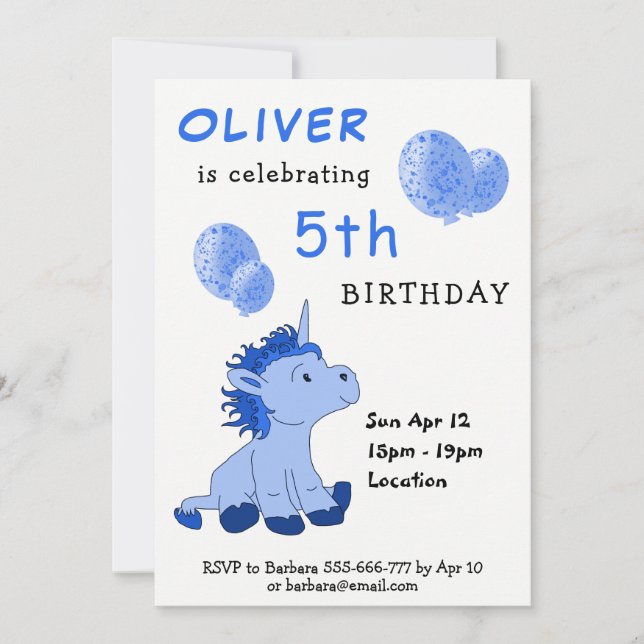 Invitación Cute Blue Unicorn Balloons Boy fiesta de cumpleaño (Anverso)