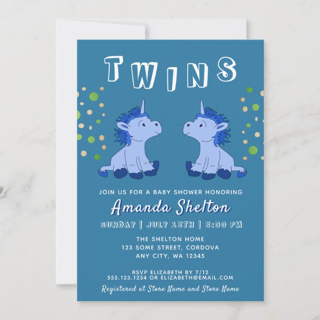 Invitación Cute Blue Unicorn Twins 2 Boys Baby Shower (Anverso)