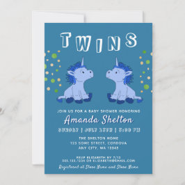 Invitación Cute Blue Unicorn Twins 2 Boys Baby Shower