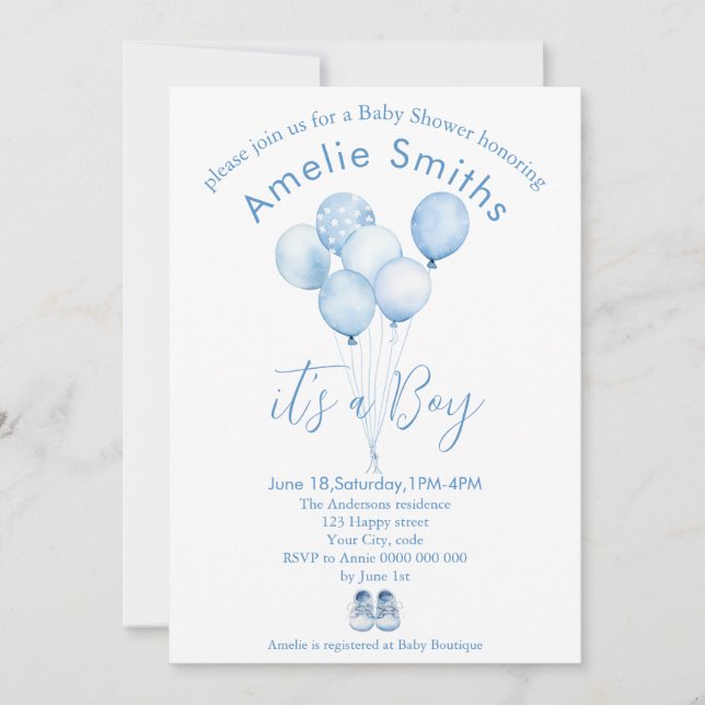 Invitación Cute Blue Watercolor Balloons Baby Shower (Anverso)