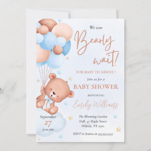 Invitación Cute Blue Watercolor Bear Balloons Baby Shower