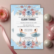 Cute Blue Watercolor Floral Ballerina Baby Shower