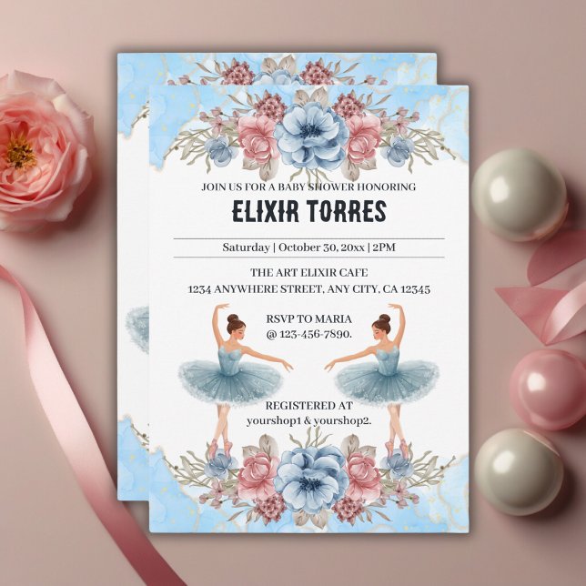 Invitación Cute Blue Watercolor Floral Ballerina Baby Shower (Subido por el creador)