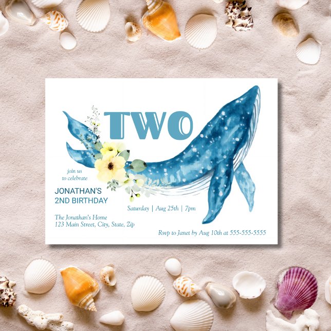Invitación Cute Blue Whale Amarillo Floral Segundo Fiesta de  (Subido por el creador)