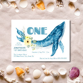 Invitación Cute Blue Whale Floral Amarilla Primer Fiesta de c
