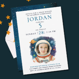 Invitación Cute Blue White Astronaut Cosmic Spaceship Photo