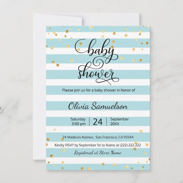 Invitación Cute Blue White Stripes Gold BOY Baby Shower (Anverso)