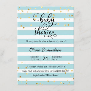 Invitación Cute Blue White Stripes Gold BOY Baby Shower