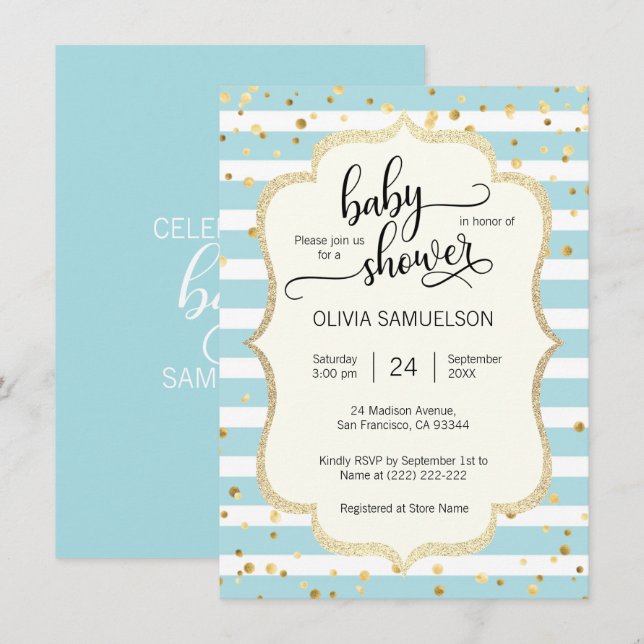 Invitación Cute Blue White Stripes Gold BOY Baby Shower (Anverso / Reverso)