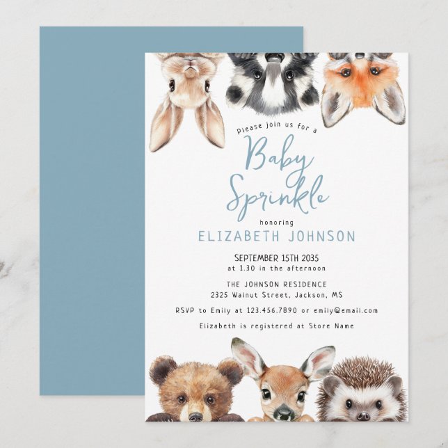 Invitación Cute Blue Woodland Animals Baby Shower Sprinkle (Anverso / Reverso)