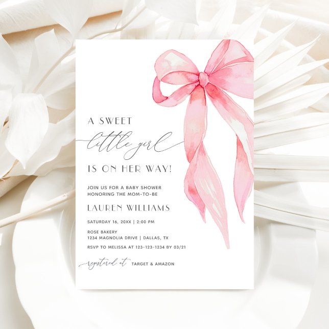 Invitación Cute Blush Pink Coquette Bow Baby Girl Shower (Subido por el creador)