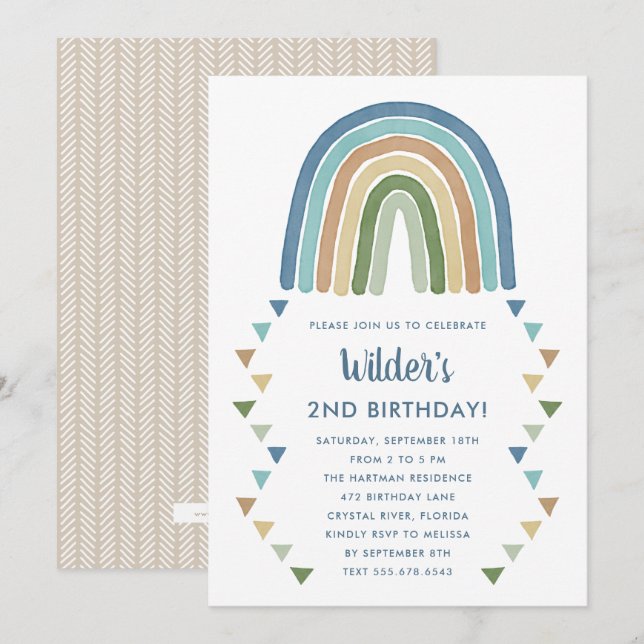 Invitación Cute Boho acuarela Rainbow Birday Blue (Anverso / Reverso)