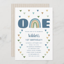 Invitación Cute Boho acuarela Rainbow Birday Blue First