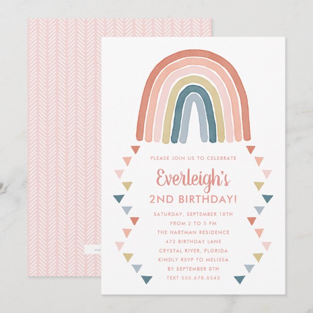 Invitación Cute Boho acuarela Rainbow Birday Coral Invita (Anverso / Reverso)