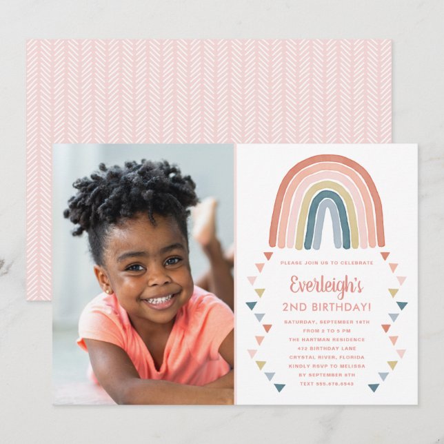 Invitación Cute Boho acuarela Rainbow Photo Birday Coral (Anverso / Reverso)