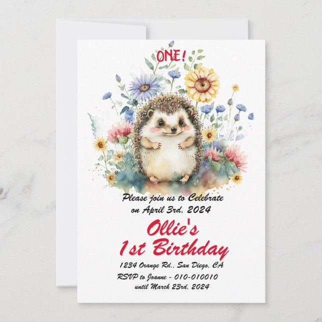 Invitación Cute Boho Baby Hedgehog Primer Fiesta de cumpleaño (Anverso)