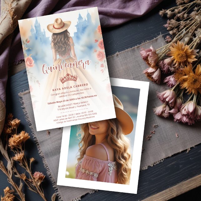 Invitación Cute Boho Cowgirl Charming Quinceañera with (Cute Boho Cowgirl Charming Quinceañera with Hat Invitation Cards in Spanish with Back Custom Photo.)